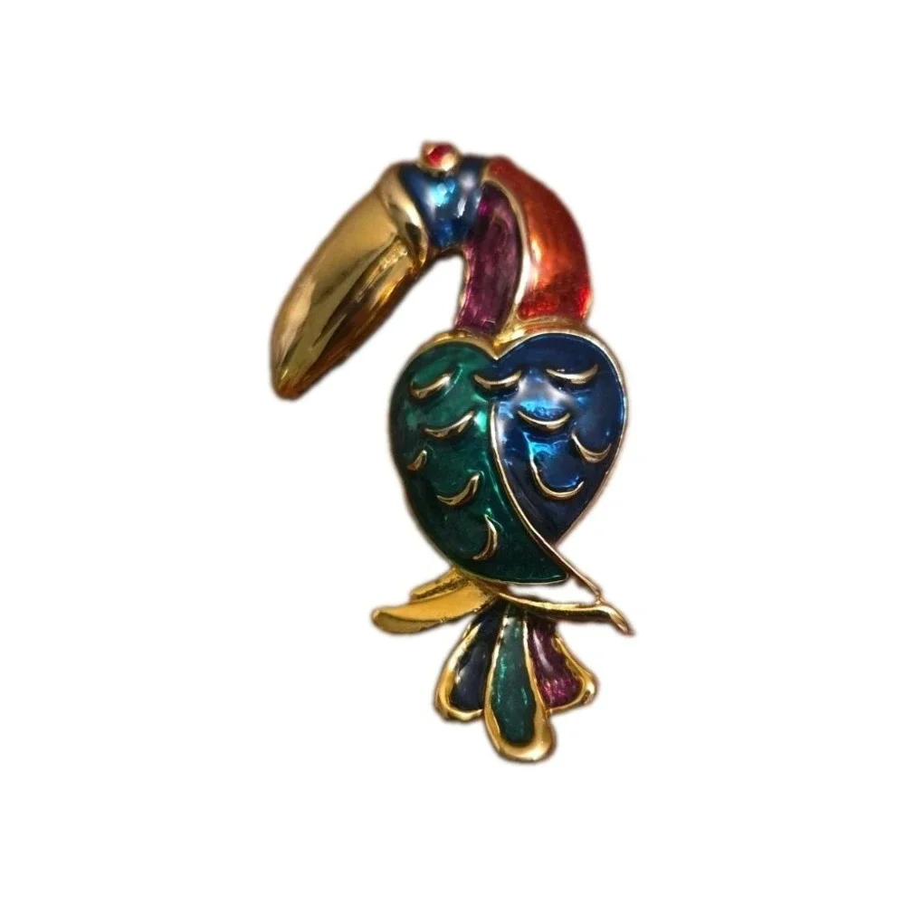 Tropical Toucan Bird Brooch Pin Red Blue Enamel Vintage Gold Tone Jewelry Metal